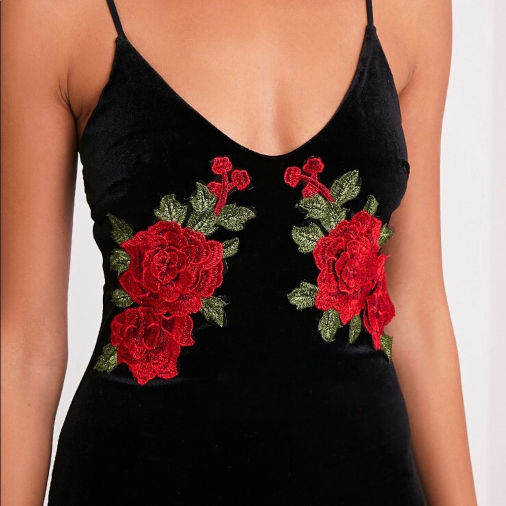 Black Midi Velvet Dress with red flowers